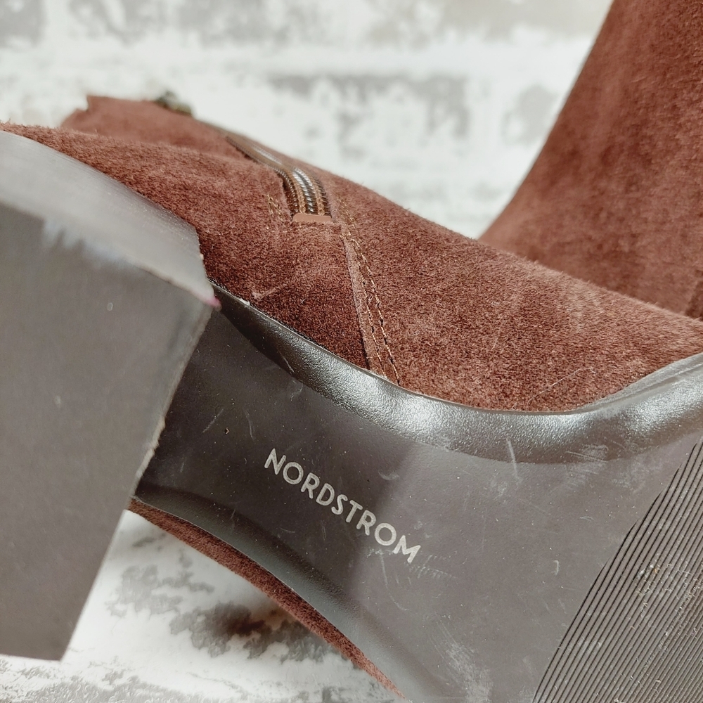 New Nordstrom Novanna Brown Suede Square Toe Block Heel Booties X207 - Picture 9 of 11